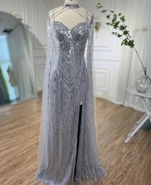 Silver Cape Sleeve Sequinned Mermaid Evening Dress