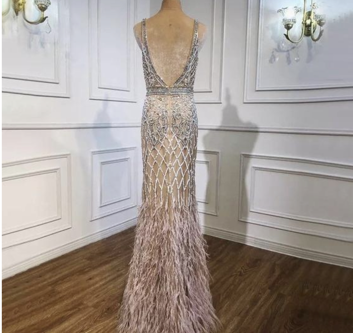 Heavily Beaded Feathered Plunge Neck Evening Dress - Evening Dresses ...