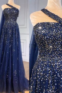 Heavily Embellished Blue One Shoulder Drape Evening Dress