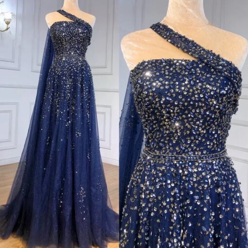 Heavily Embellished Blue One Shoulder Drape Evening Dress
