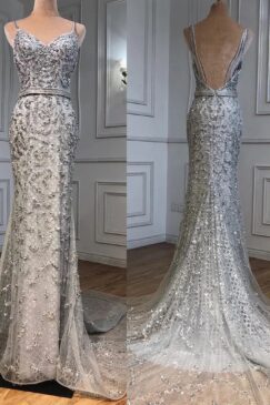 Heavily Beaded Court Train Evening Dress