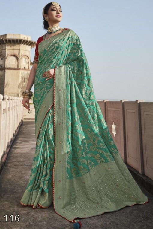 Turquoise Soft Satin Silk Embroidered Saree