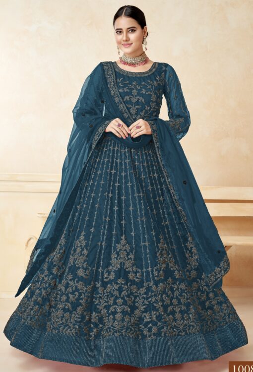 Teal Net Embroidered Anarkali Suit