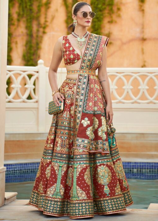 Burnt Red Smooth Silk Woven Lehenga Choli
