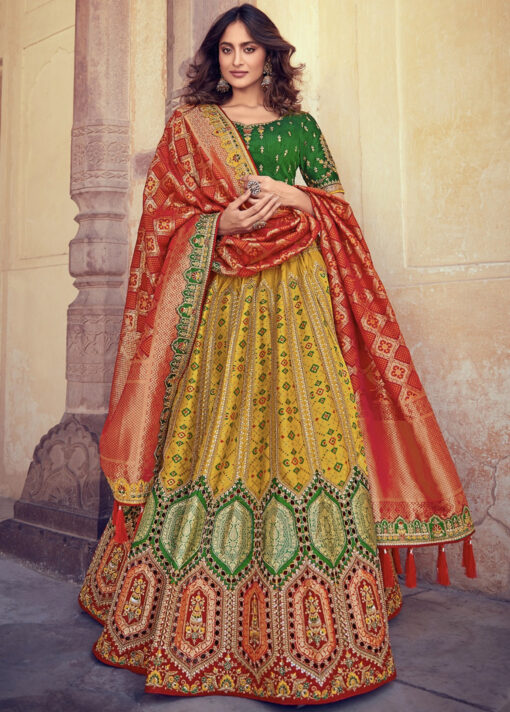 Multicoloured Silk Embroidered Bridal Lehenga Choli