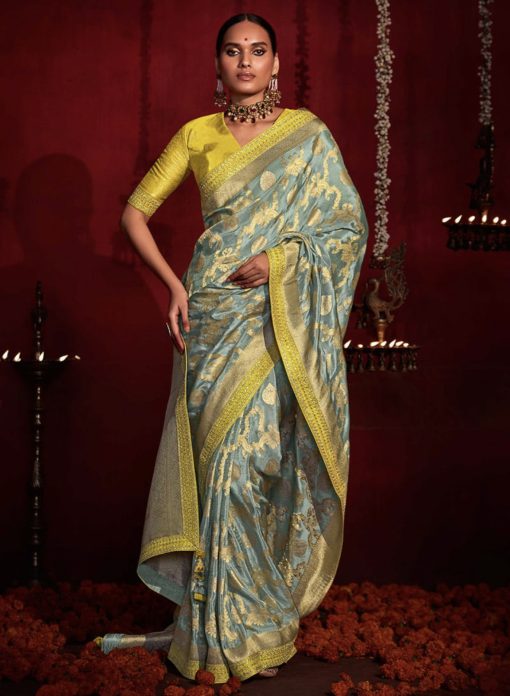 Grey Banarasi Silk Embroidered Wedding Saree