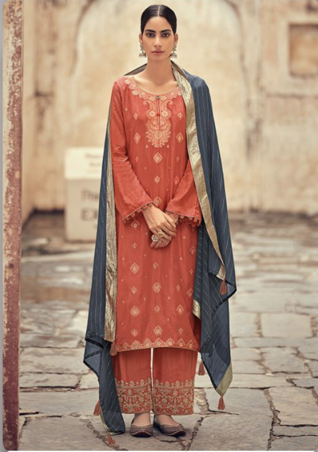 Peach Jacquard Silk Embroidered Pant Suit Salwar Kameez Designer