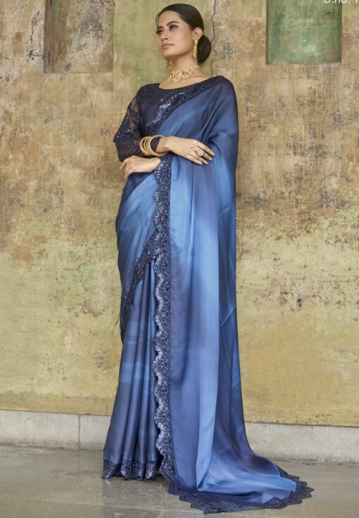 Blue Tie Dye Satin Silk Party Wear Saree