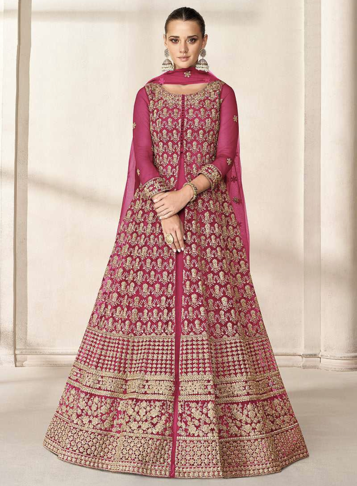 Pink Net Embroidered High Slit Anarkali Suit Salwar Kameez Designer