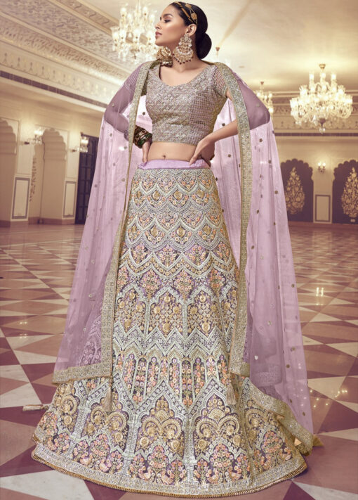 Dusty Mauve Net Wedding Lehenga Choli