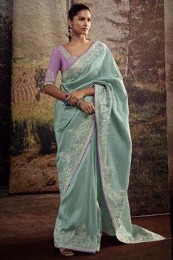 Powder blue Fancy Fabric Embroidered Wedding Saree