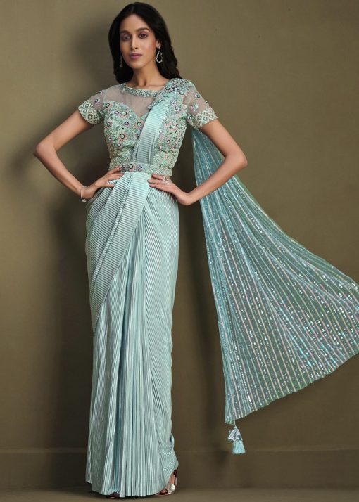 Blue Crepe Silk Pre Pleated Designer Saree