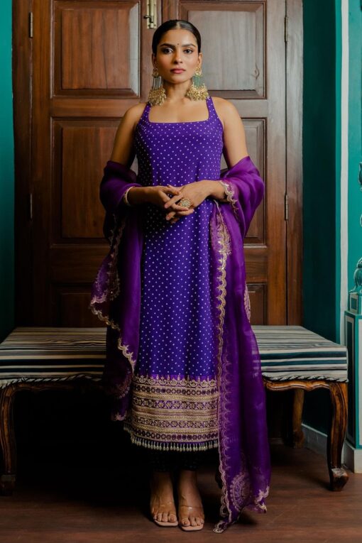 Purple Satin Embroidered Pant Suit