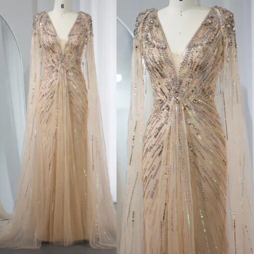 Cape Sleeve Embellished Evening Gown - Evening Dresses, Made To Order ...