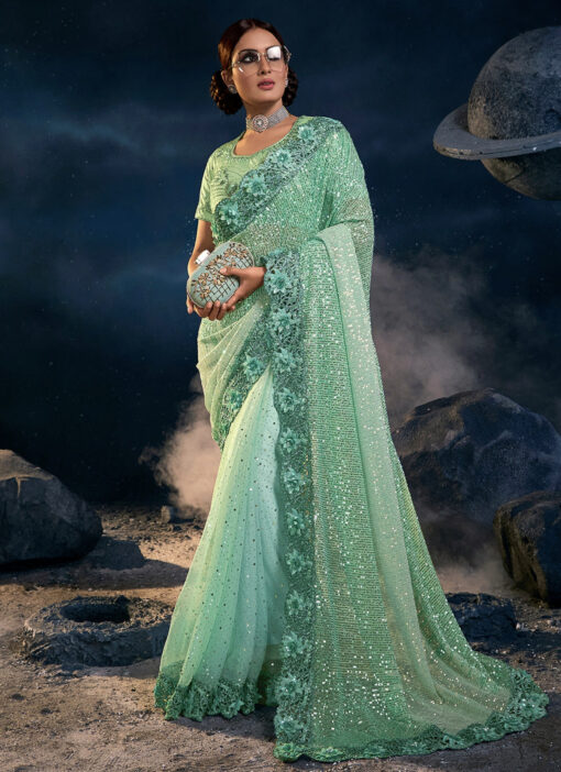 Sea Green Digital Net Bridal Saree