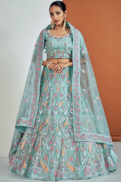 Turquoise Embroidered Party Wear Lehenga Choli
