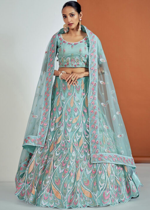 Turquoise Embroidered Party Wear Lehenga Choli