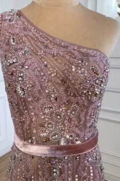 Alternative view of Pink One Shoulder Beaded Evening Gown Dress