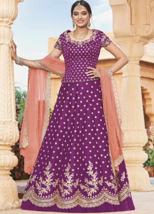 Wine Handloom Silk Frilled Lehenga Choli