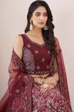 Alternative view of Burgundy Net Embroidered Lehenga Choli