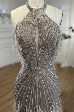 Alternative view of Luxury Feathered Halter Neck Beaded Evening Dress