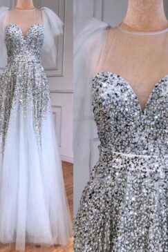 Sequin Embellished Grey Evening Dress With Detachable Sleeves