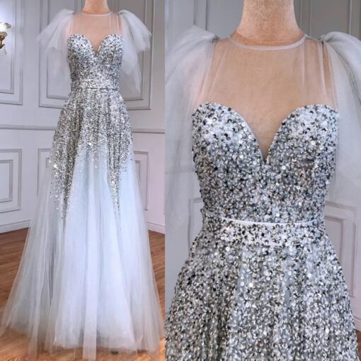 Sequin Embellished Grey Evening Dress With Detachable Sleeves