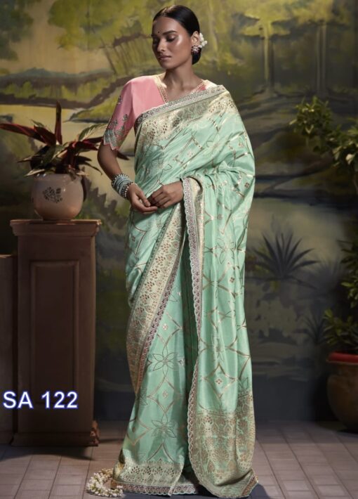 Light Blue Dola Silk Embroidered Wedding Saree