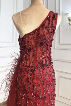 Alternative view of Feathered One Shoulder Beaded Evening Gown