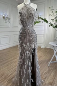 Luxury Feathered Halter Neck Beaded Evening Dress