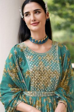 Alternative view of Turquoise Abaya Style Floral Printed Anarkali Suit