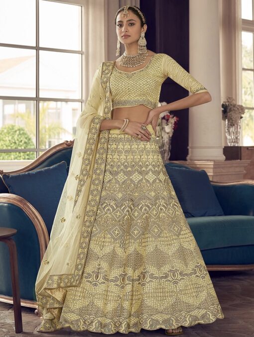 Lime Yellow Crepe Silk Bridal Lehenga Choli