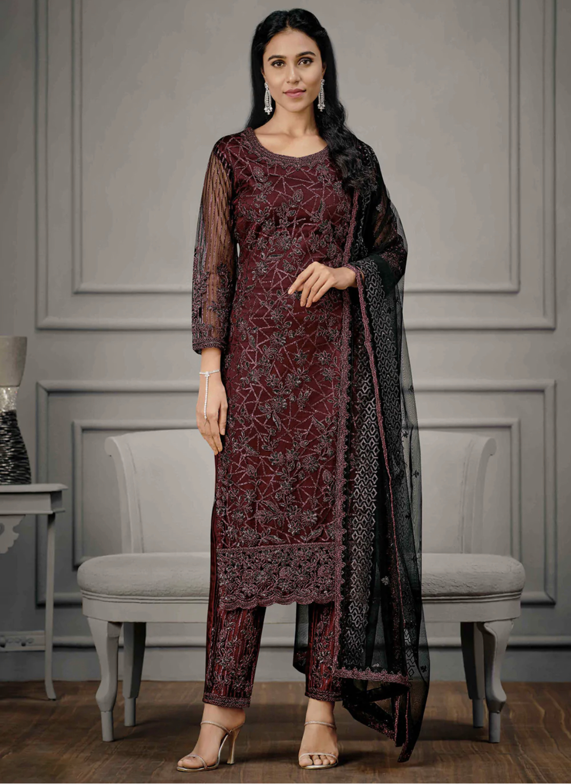 Maroon Straight Cut Pant Suit Salwar Kameez Designer Collection