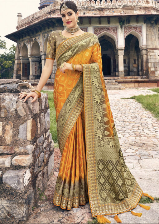 Orange Woven Silk Embroidered Wedding Saree