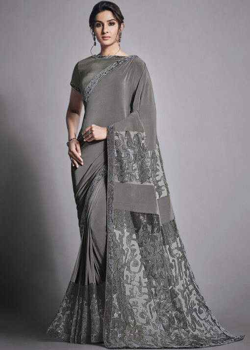Grey Lycra Party Wear Saree