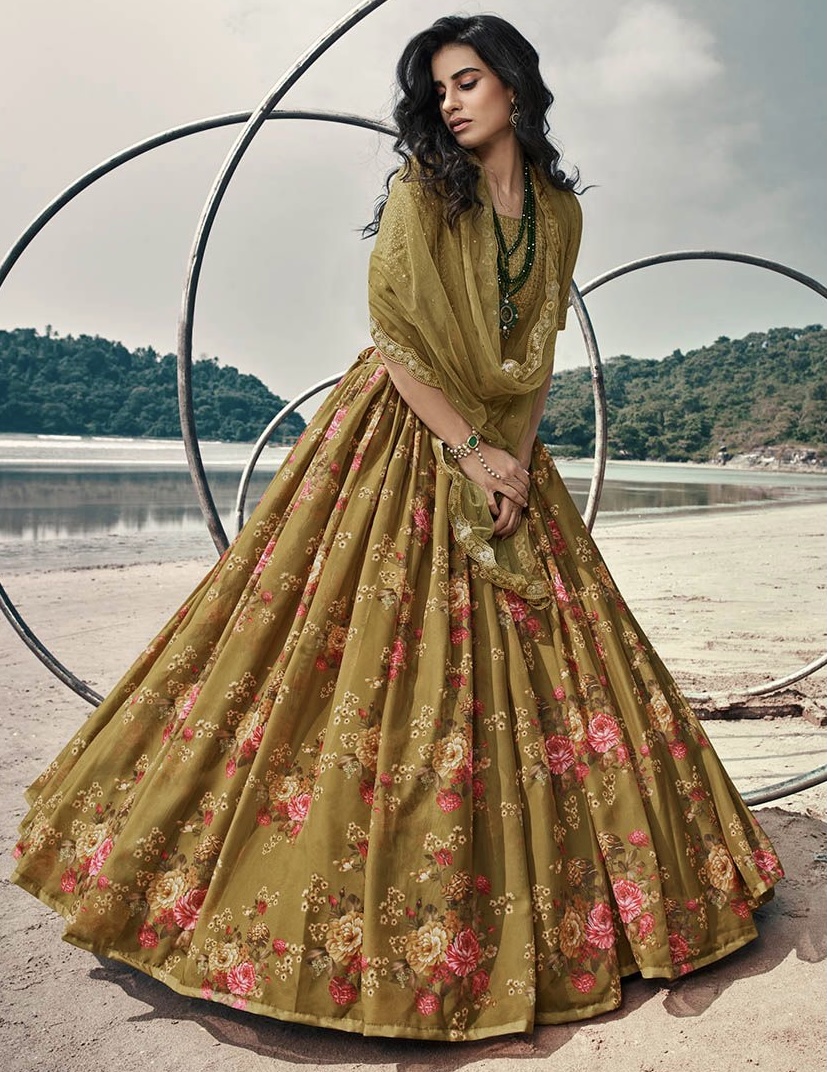 Olive Green Organza Floral Print Lehenga Choli
