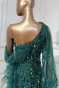 Alternative view of Feathered One Shoulder Split Beaded Evening Dress
