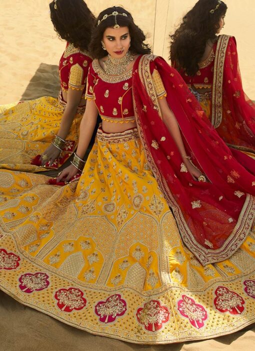 red yellow combination lehenga