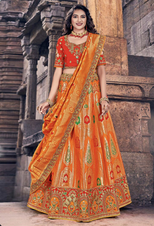 Orange Banarasi Silk Lehenga Choli