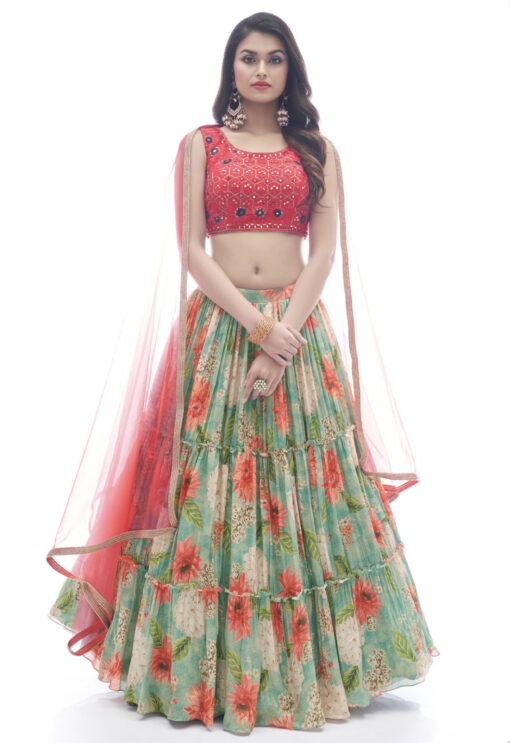 Multicoloured Chinon Silk Lehenga Choli