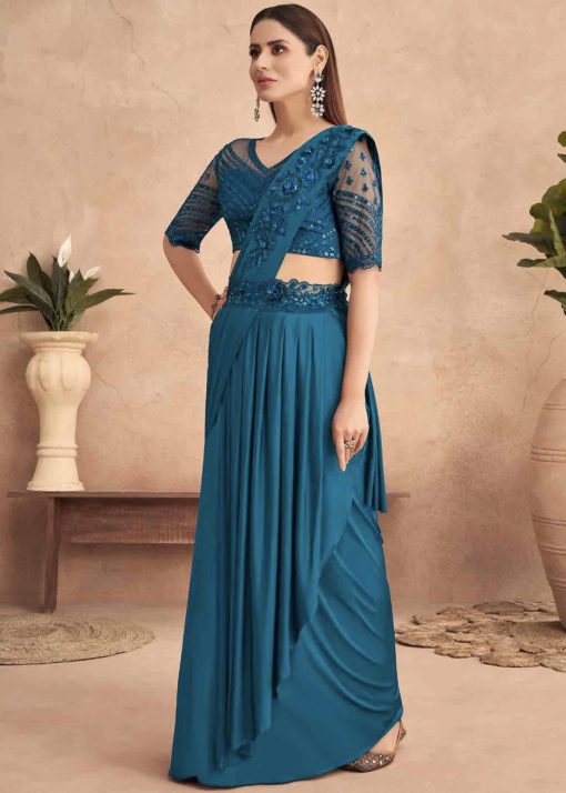 Teal Blue Lehenga Style Saree With Belt