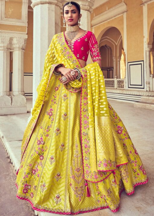 Lemon Yellow Silk Lehenga Choli