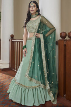 Green Party Wear Silk Frill Lehenga Choli