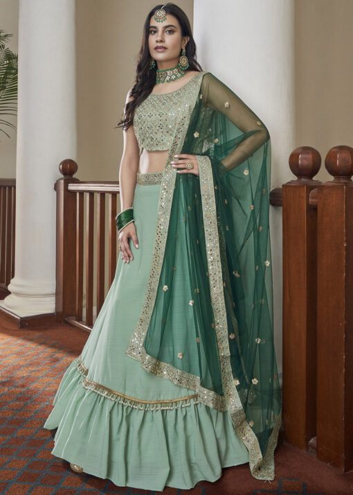 Green Party Wear Silk Frill Lehenga Choli