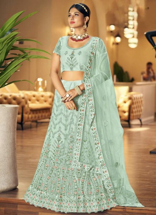 Turquoise Blue Embroidered Party Wear Lehenga Choli