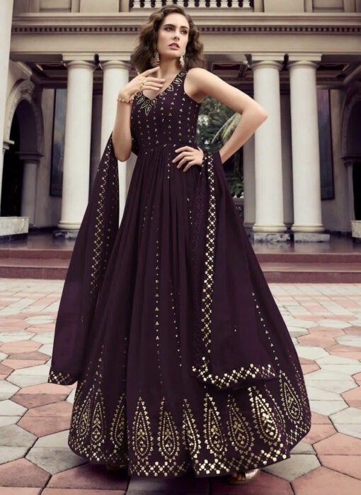 Dark Purple Embroidered Floor Length Anarkali Gown