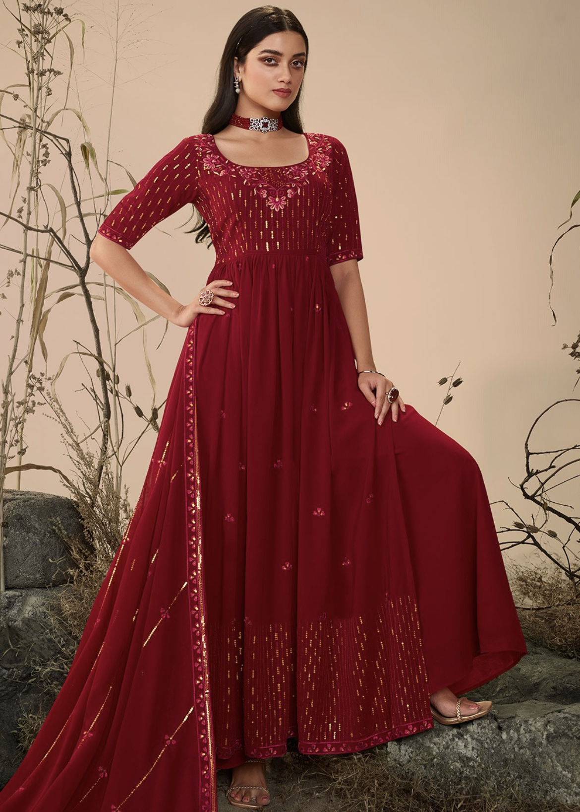 Maroon Anarkali Style Embroidered Palazzo Suit Salwar Kameez