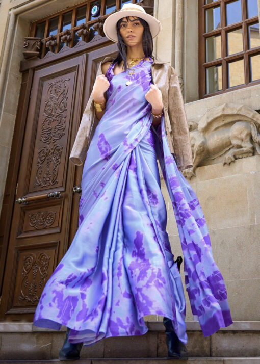 Blue Tie Dye Print Satin Saree