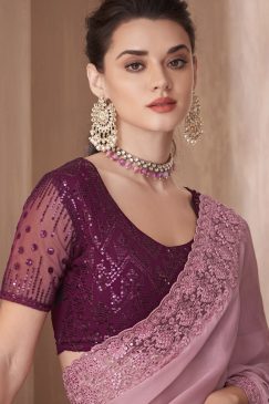 Alternative view of Pink Embroidered Border Party Wear Saree