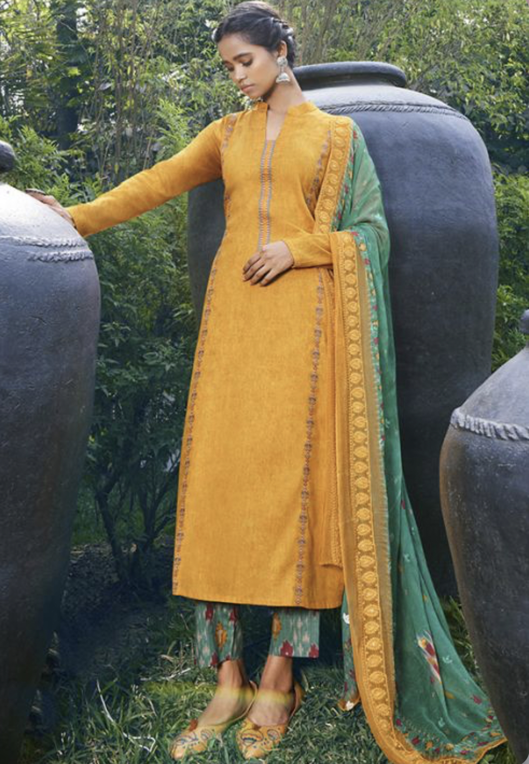 Mustard Yellow Satin Cotton Pant Suit Salwar Kameez Designer Collection